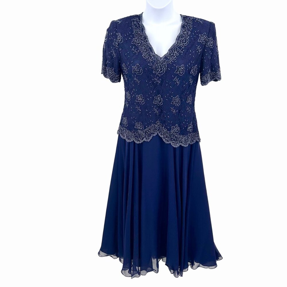 STUNNING NAVY BLUE BEADED LACE & CHIFFON TEA LENGTH FORMAL SHORT SLV DRESS